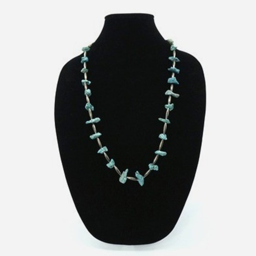VTG Turquoise Silver Tone‎ Necklace 30" Artisan Southwestern Art to Wear